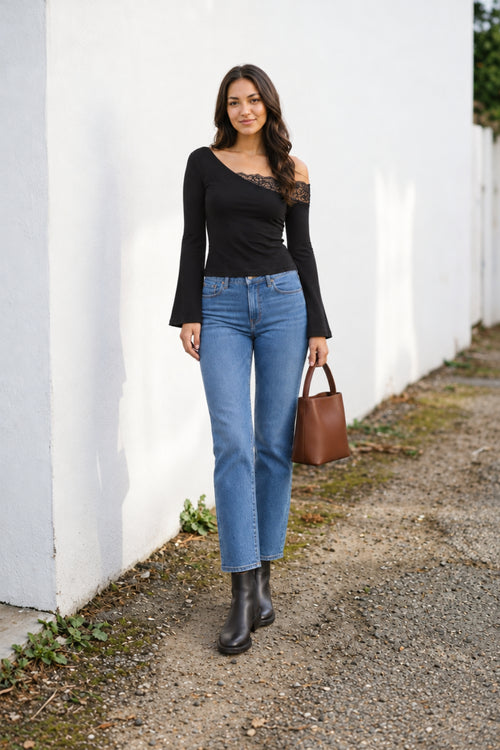 Black One Shoulder Lace Top