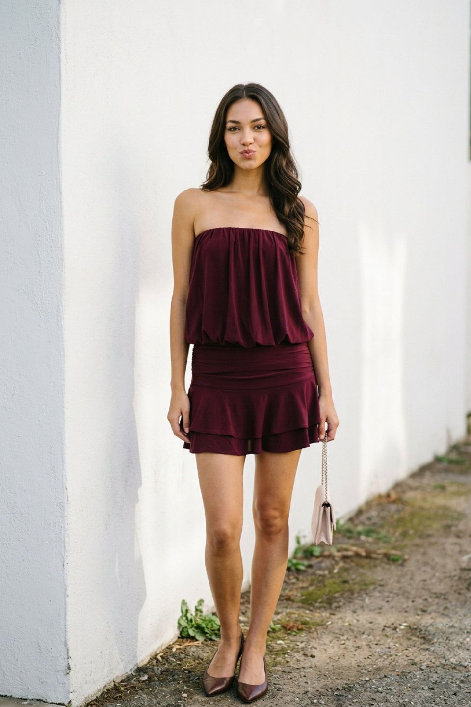 Burgundy Ruffle Mini Dress