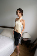 Pale Yellow Halter Fringe Crop Top