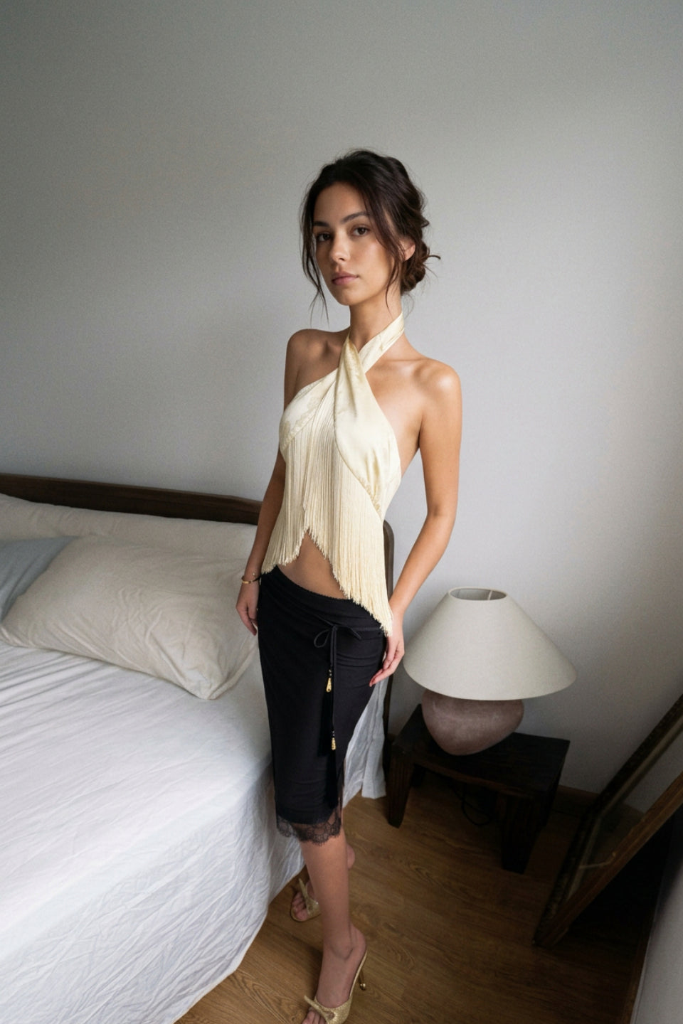 Pale Yellow Halter Fringe Crop Top