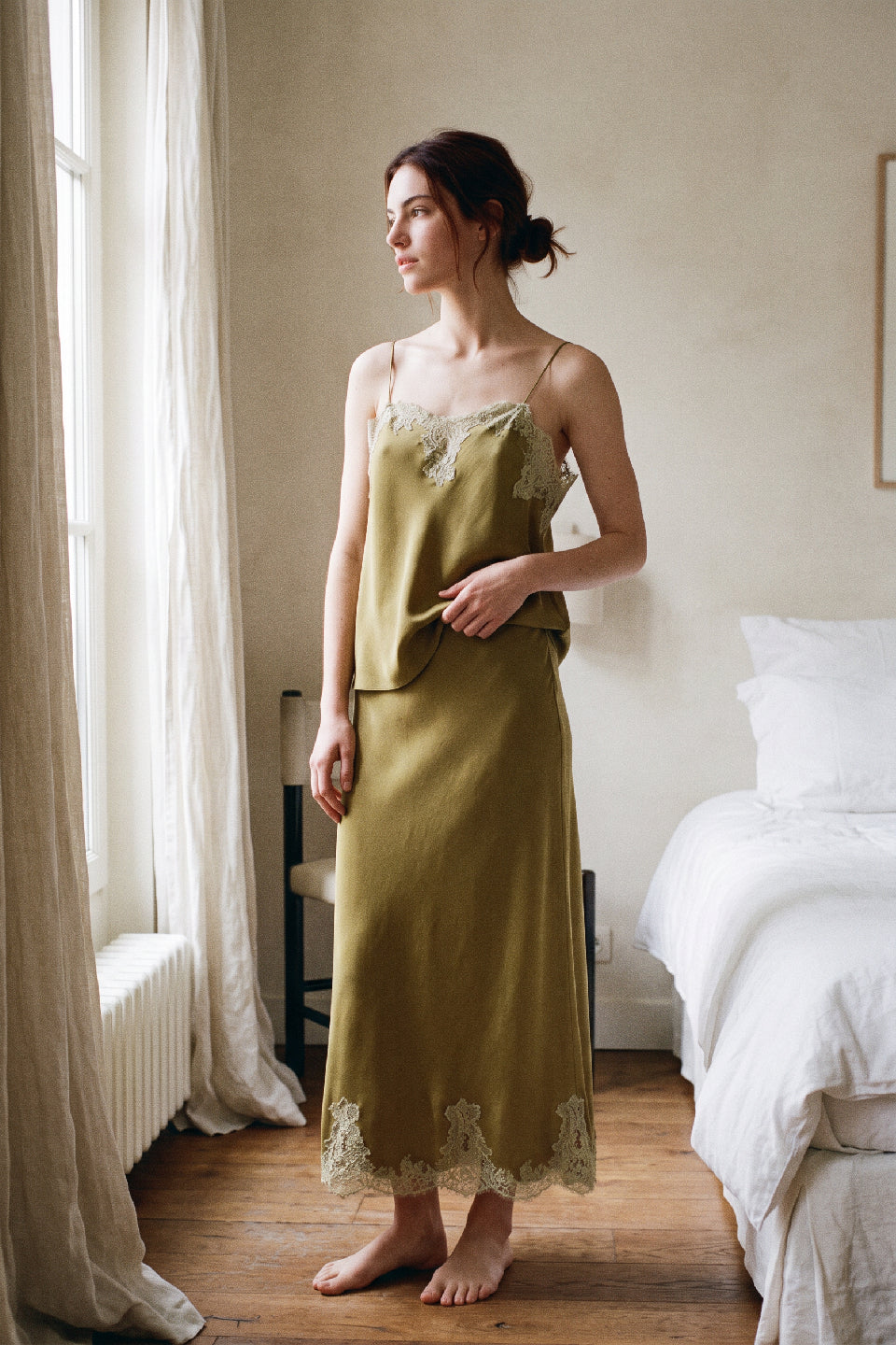Mustard Satin Lace Midi Skirt