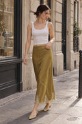 Mustard Satin Lace Midi Skirt