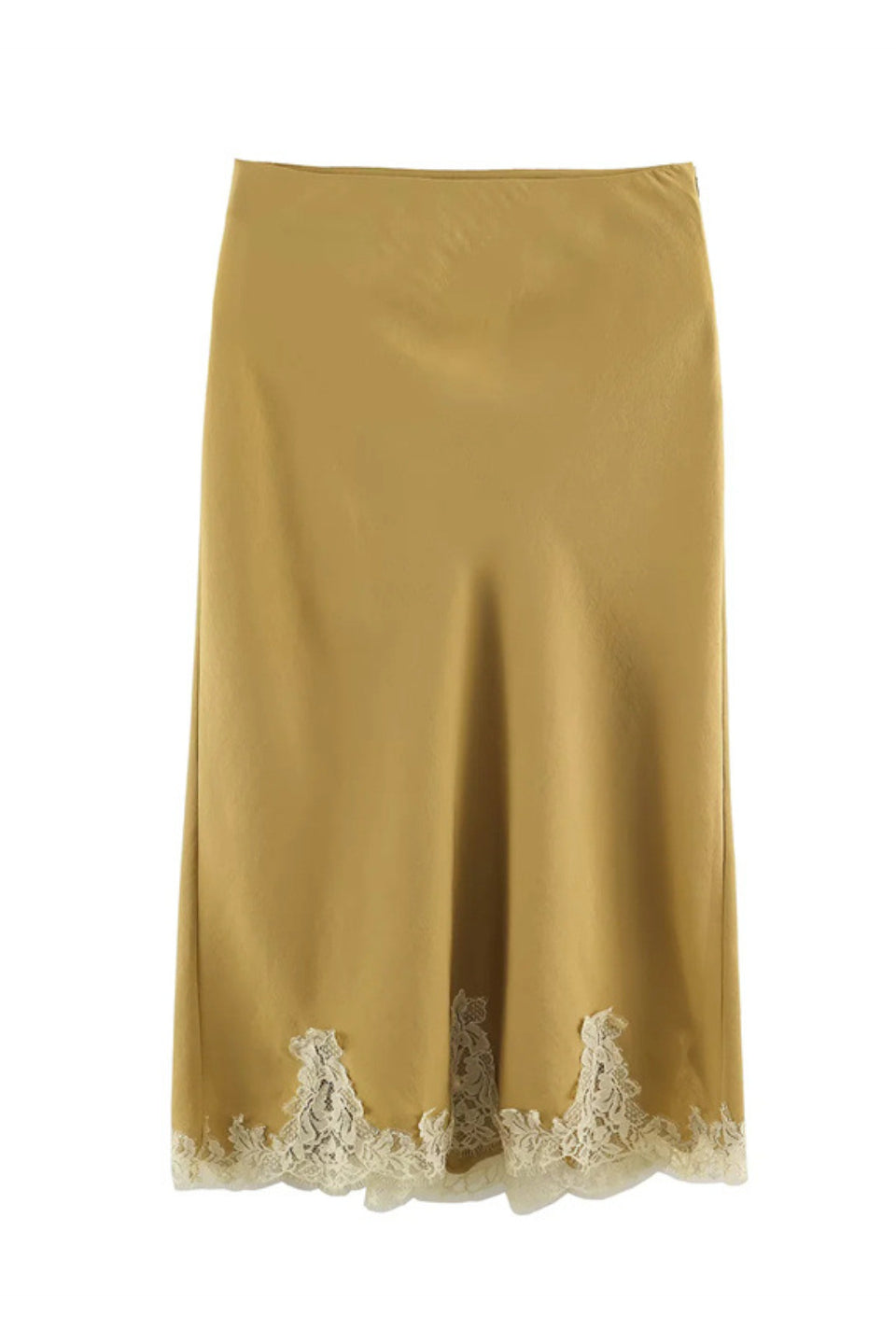 Mustard Satin Lace Midi Skirt