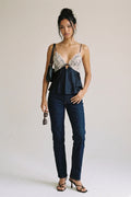 Navy Satin Lace Cami Top