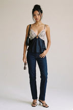 Navy Satin Lace Cami Top