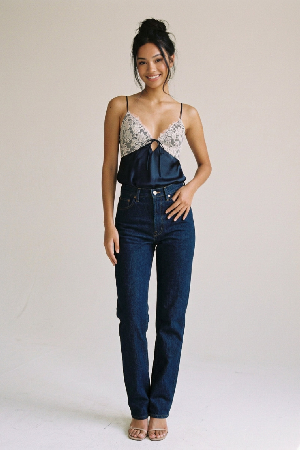 Navy Satin Lace Cami Top